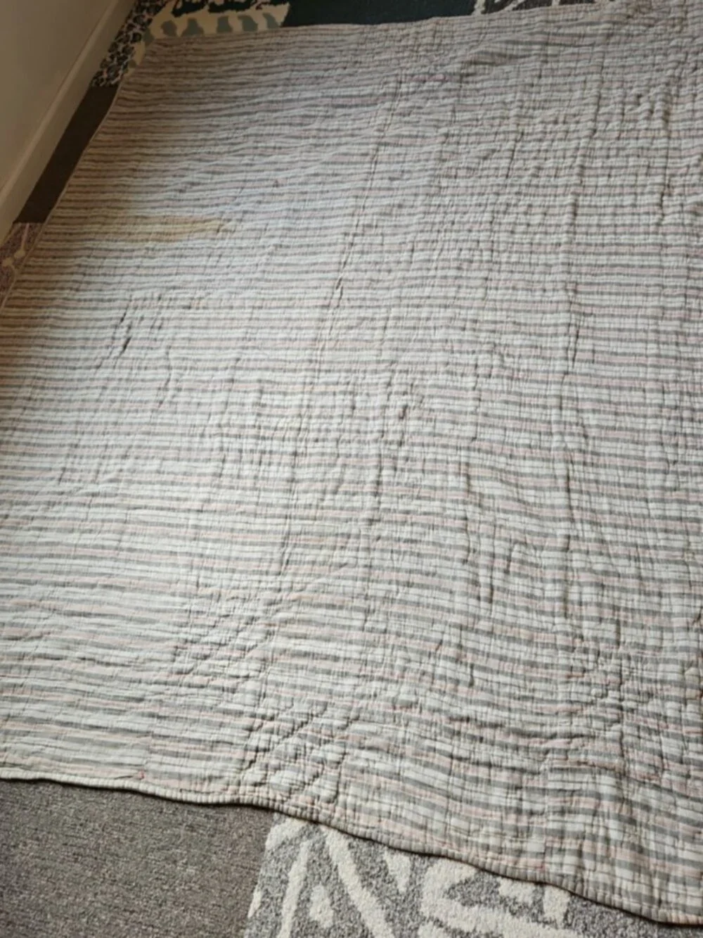Antique 1920s Mens Wool Scrap Hand Sewn Quilt Stripe Ticking Back Yarn 58 x 75.5